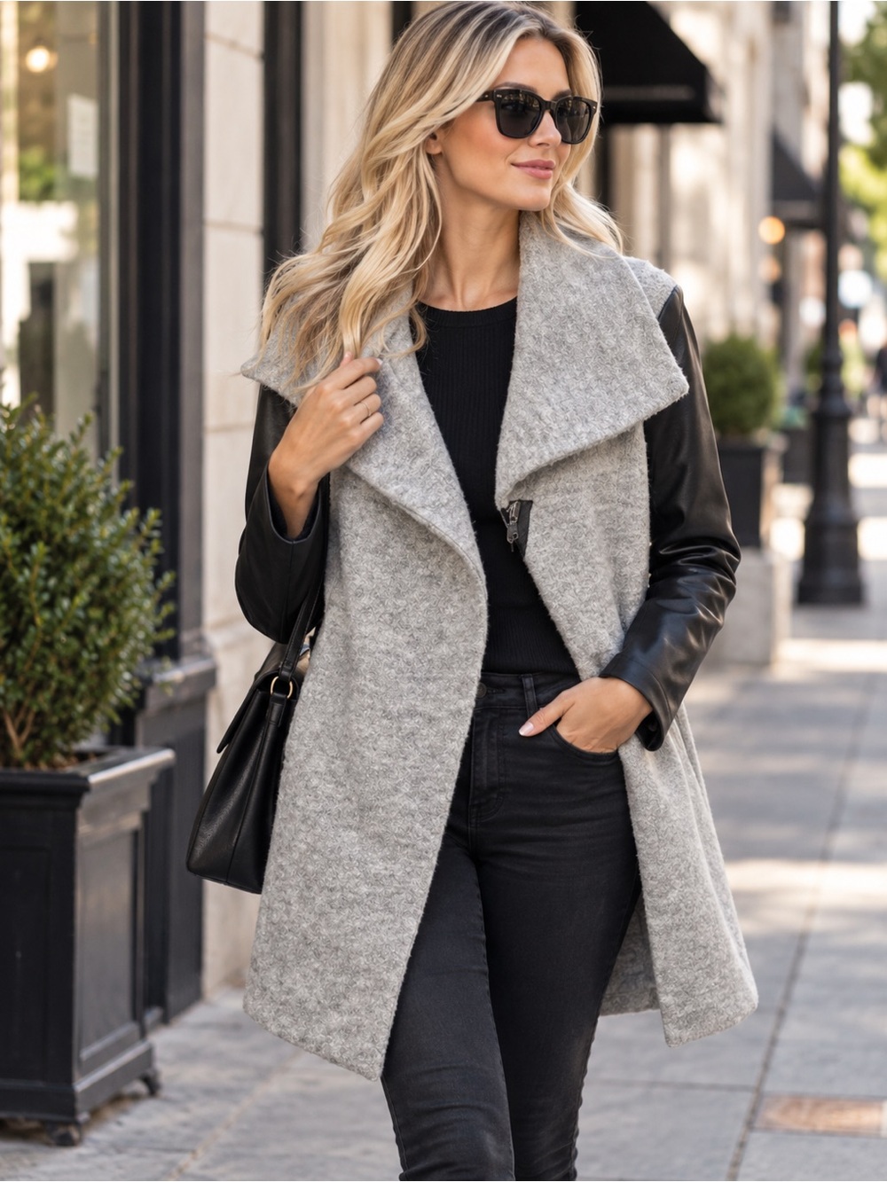 Express Coat Womens XS Gray Wool Blend Black Faux Leather Sleeve Moto Jacket